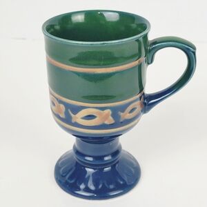 Vtg 70s 1978~Scandia Stoneware Coffee Mug Cup~Blue Green Brown~Pedestaled~Japan